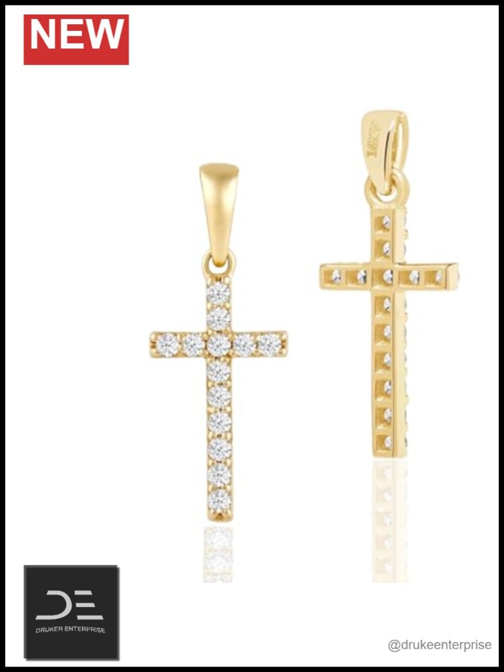 14K Solid Gold Pave CZ Cross Pendant Necklace 15mm